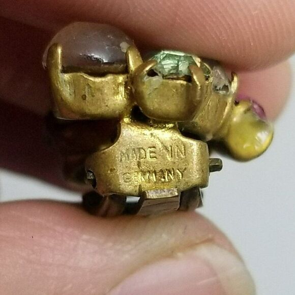 Vintage Made in Germany Pastel Rhinestone Moonglow Clip On Earrings Retro Estate - Picture 5 of 9